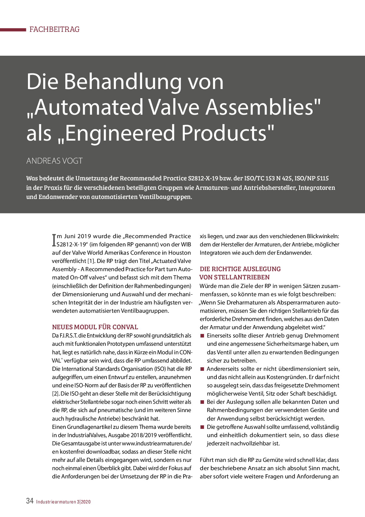 Die Behandlung von „Automated Valve Assemblies“ als „Engineered Products“