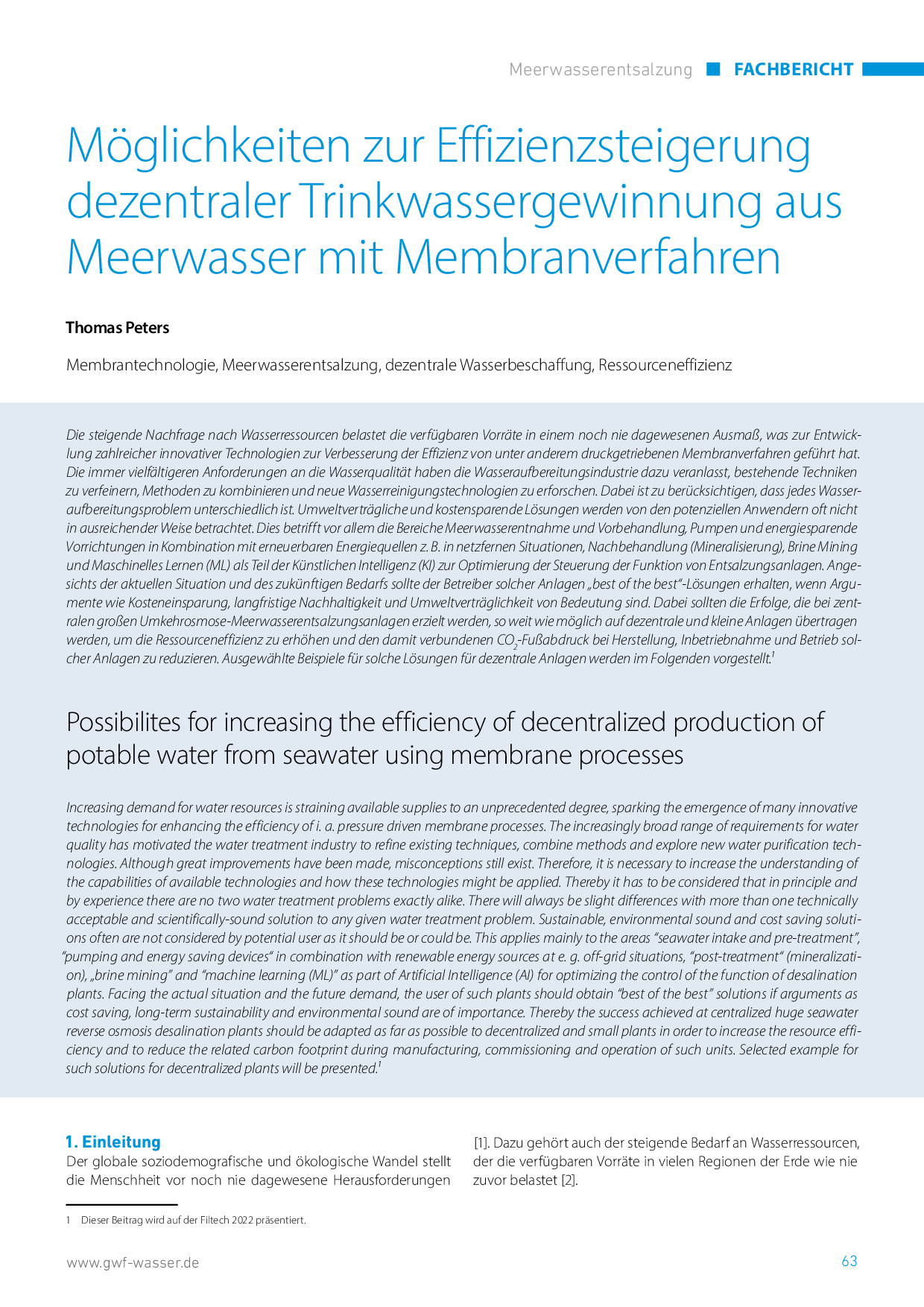 Möglichkeiten zur Effizienzsteigerung dezentraler Trinkwassergewinnung aus Meerwasser mit Membranverfahren