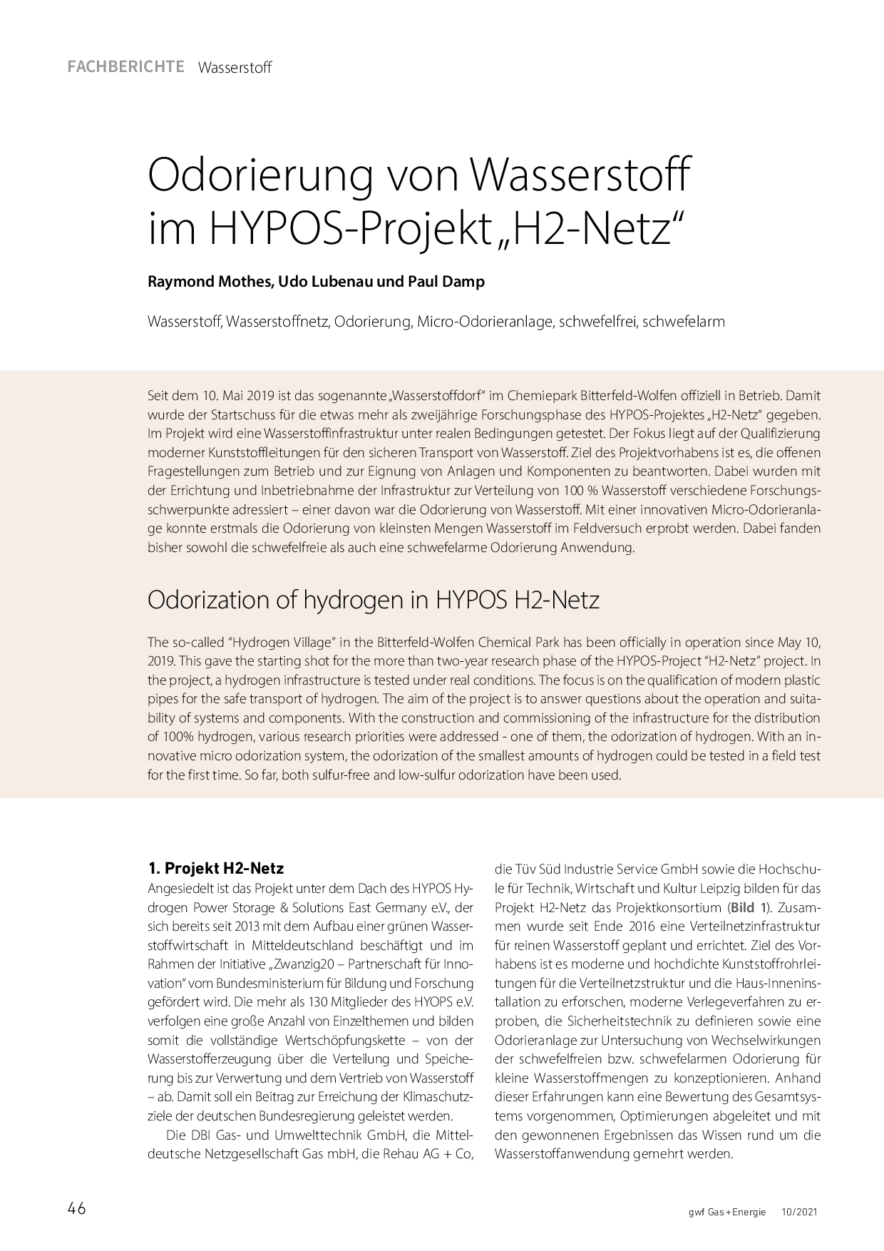 Odorierung von Wasserstoff im HYPOS-Projekt „H2-Netz“