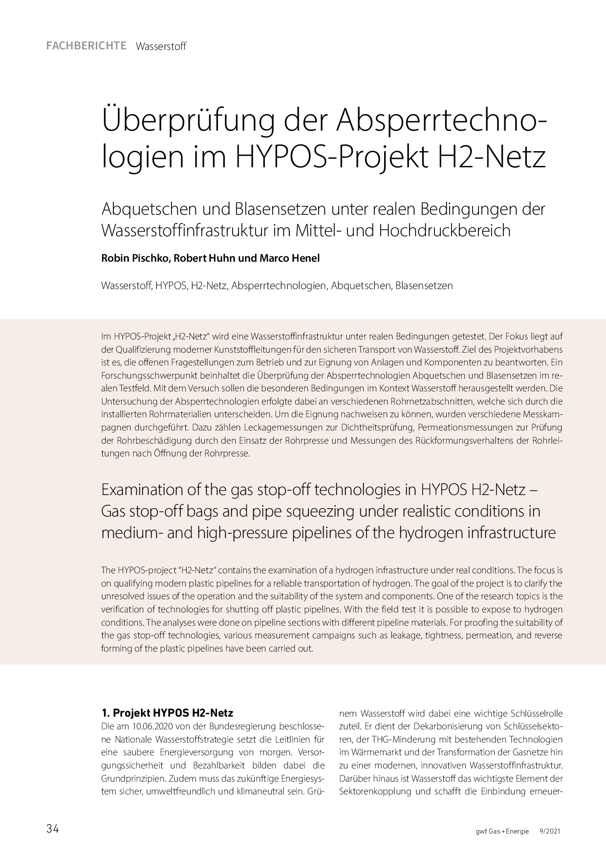 Überprüfung der Absperrtechnologien im HYPOS-Projekt H2-Netz