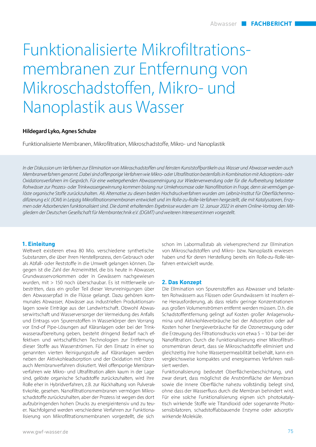 Funktionalisierte Mikrofiltrationsmembranen zur Entfernung von Mikroschadstoffen, Mikro- und Nanoplastik aus Wasser