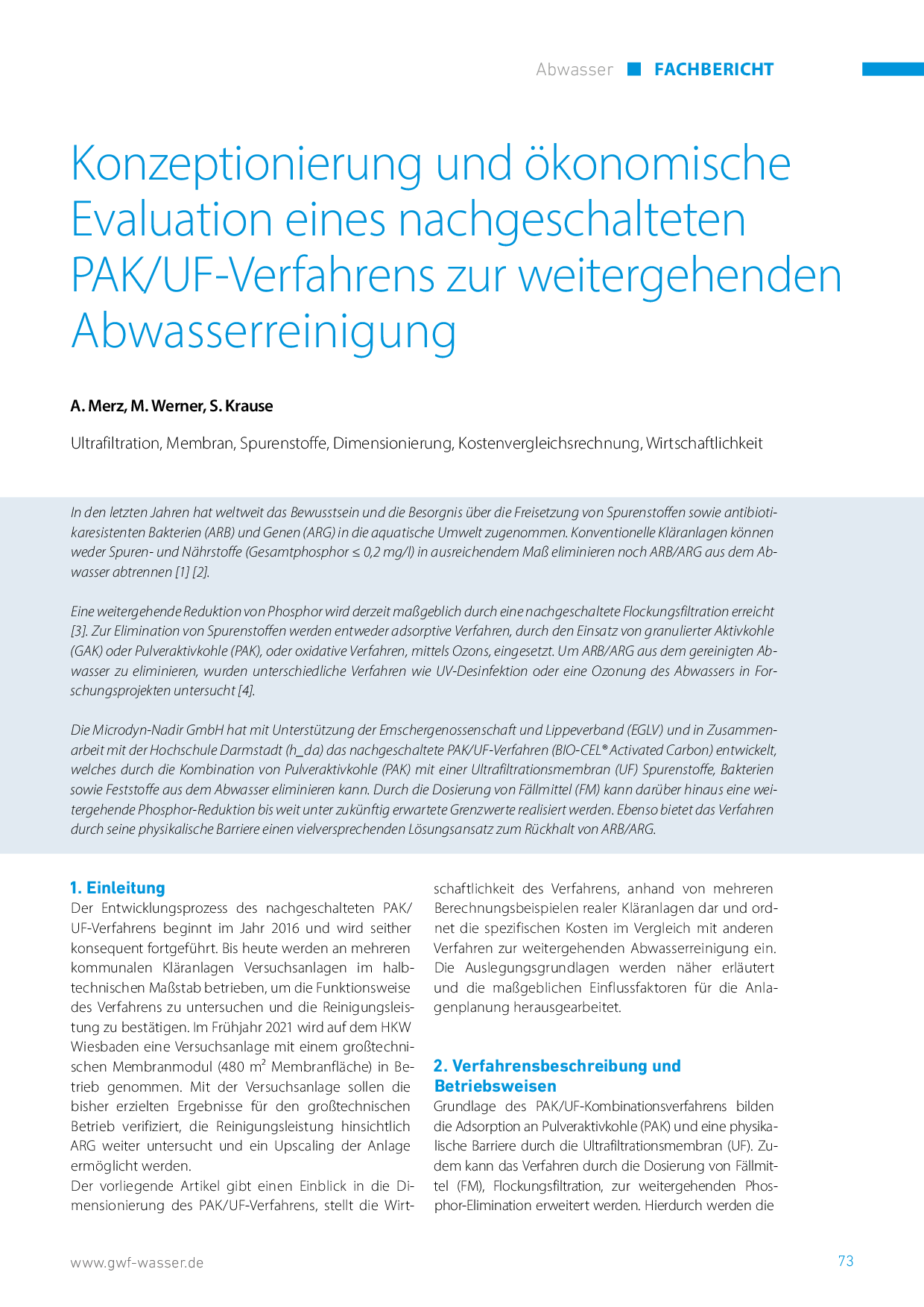 Konzeptionierung und ökonomische Evaluation eines nachgeschalteten PAK/UF-Verfahrens zur weitergehenden Abwasserreinigung