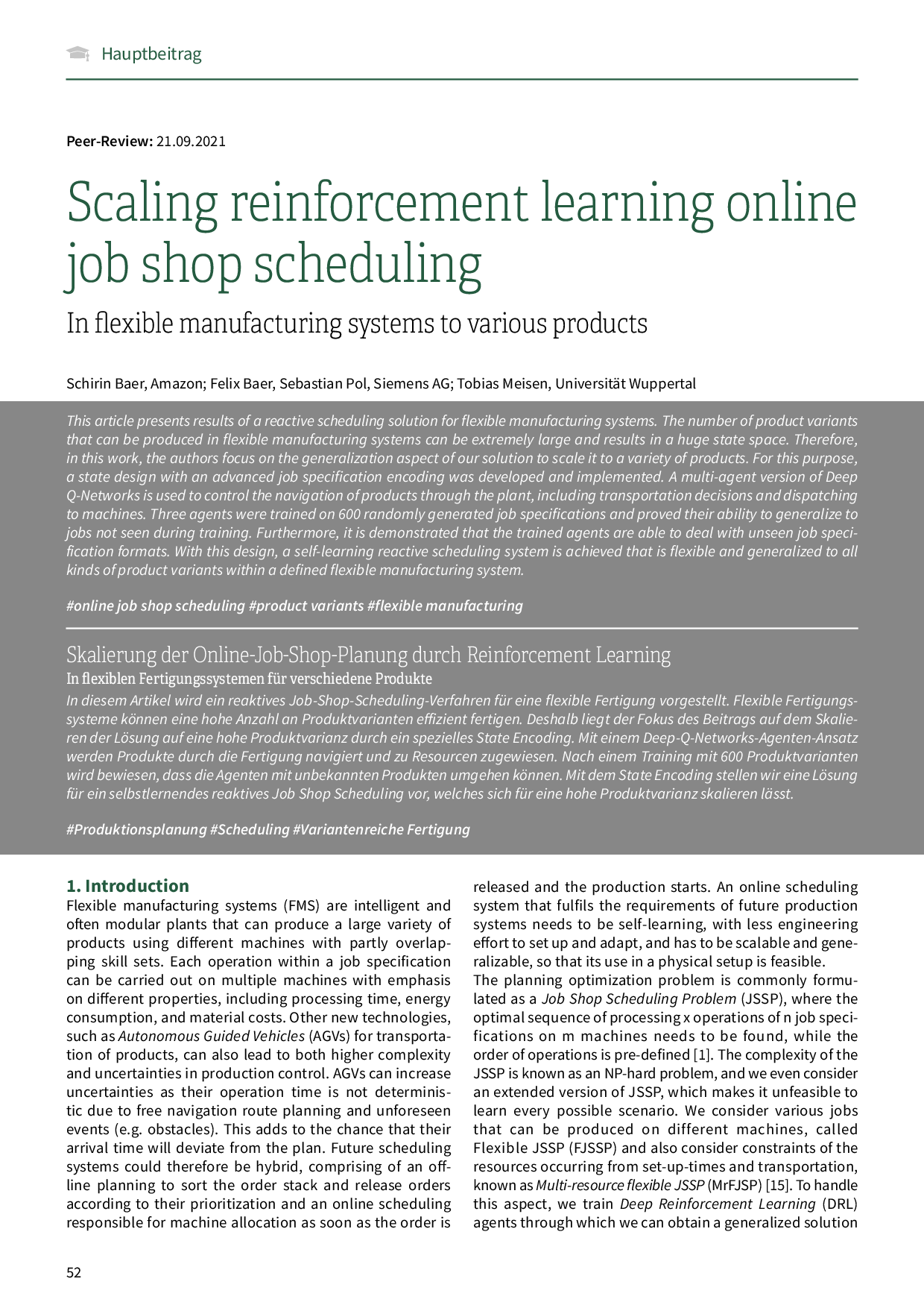 Skalierung der Online-Job-Shop-Planung durch Reinforcement Learning – In flexiblen Fertigungssystemen für verschiedene Produkte