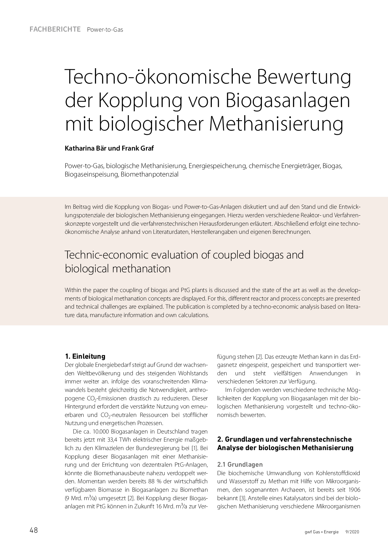 Techno-ökonomische Bewertung der Kopplung von Biogasanlagen mit biologischer Methanisierung