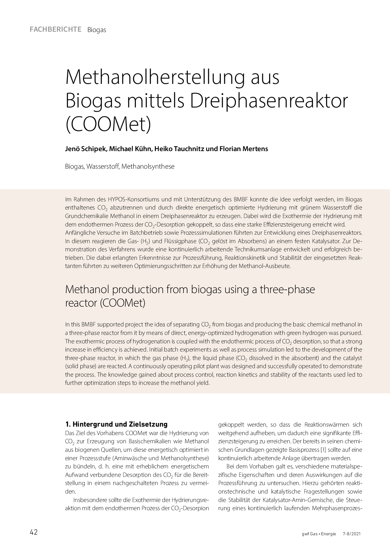 Methanolherstellung aus Biogas mittels Dreiphasenreaktor (COOMet)