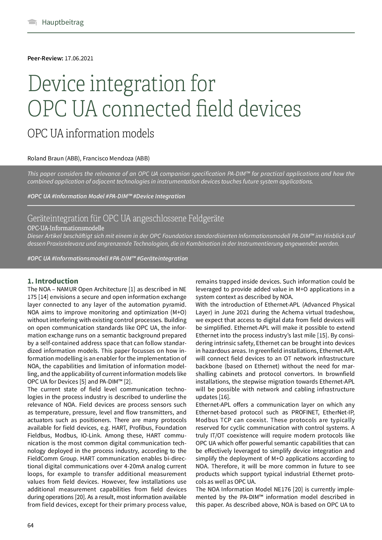 Geräteintegration für OPC UA angeschlossene Feldgeräte – OPC-UA-Informationsmodelle
