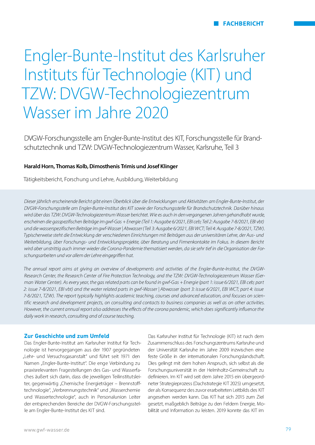 Engler-Bunte-Institut des Karlsruher Instituts für Technologie (KIT) und TZW: DVGW-Technologiezentrum Wasser im Jahre 2020