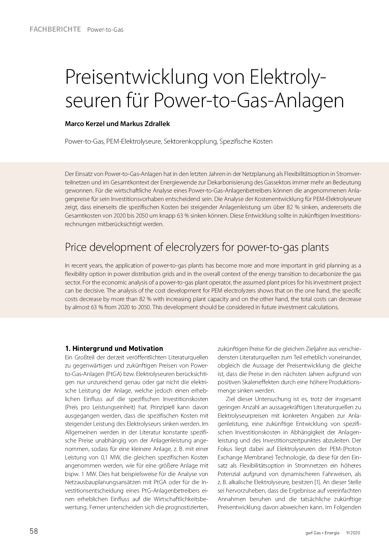 Preisentwicklung von Elektrolyseuren für Power-to-Gas-Anlagen