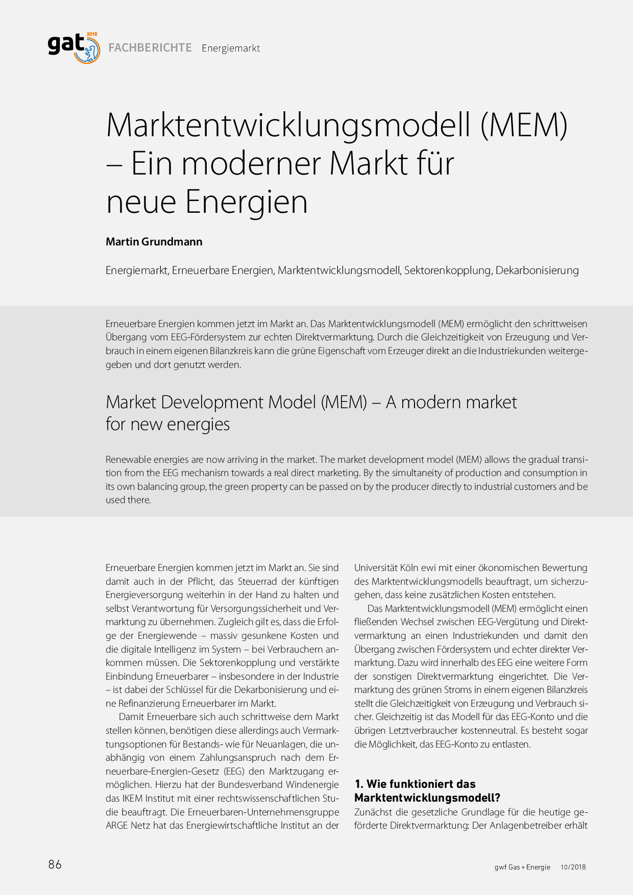 Marktentwicklungsmodell (MEM) – Ein moderner Markt für neue Energien
