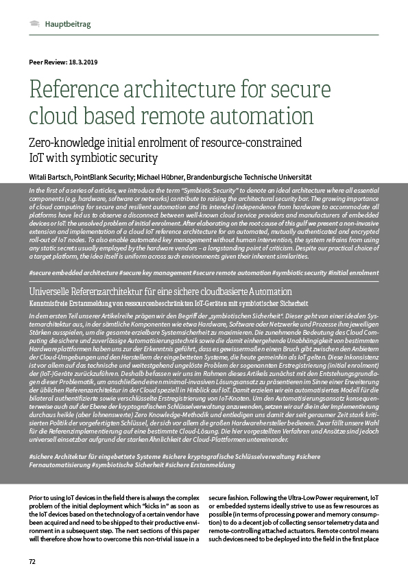 Universelle Referenzarchitektur für eine sichere cloudbasierte Automation – Kenntnisfreie Erstanmeldung von ressourcenbeschränkten IoT-Geräten mit symbiotischer Sicherheit