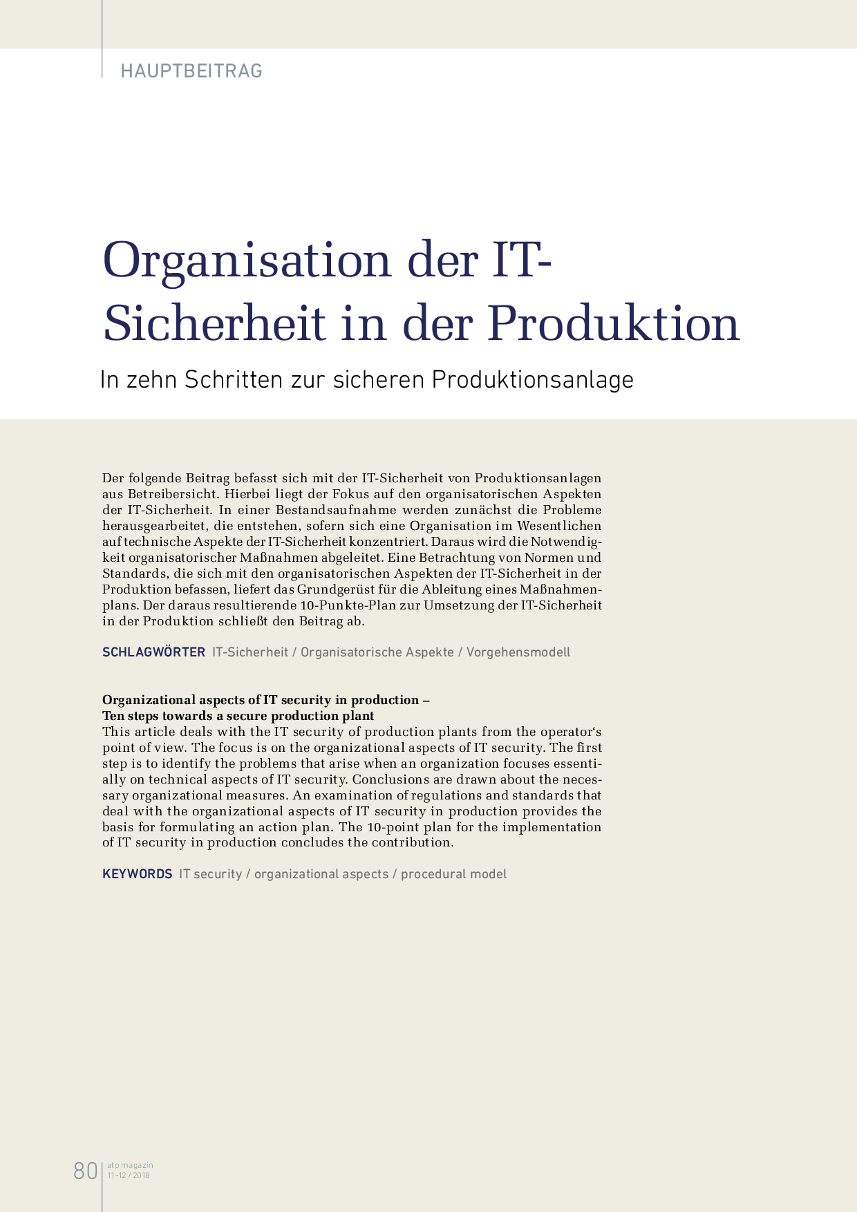 Organisation der IT-Sicherheit in der Produktion