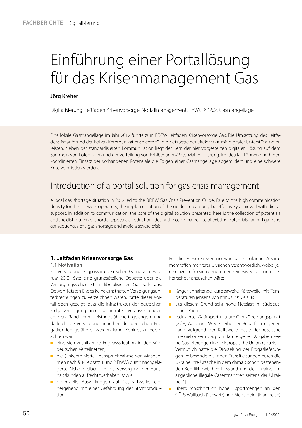 Einführung einer Portallösung für das Krisenmanagement Gas