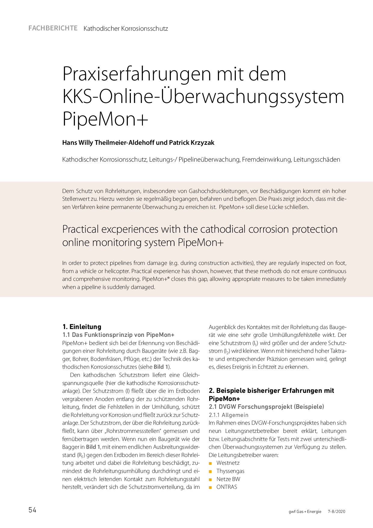 Praxiserfahrungen mit dem KKS-Online-Überwachungssystem PipeMon+