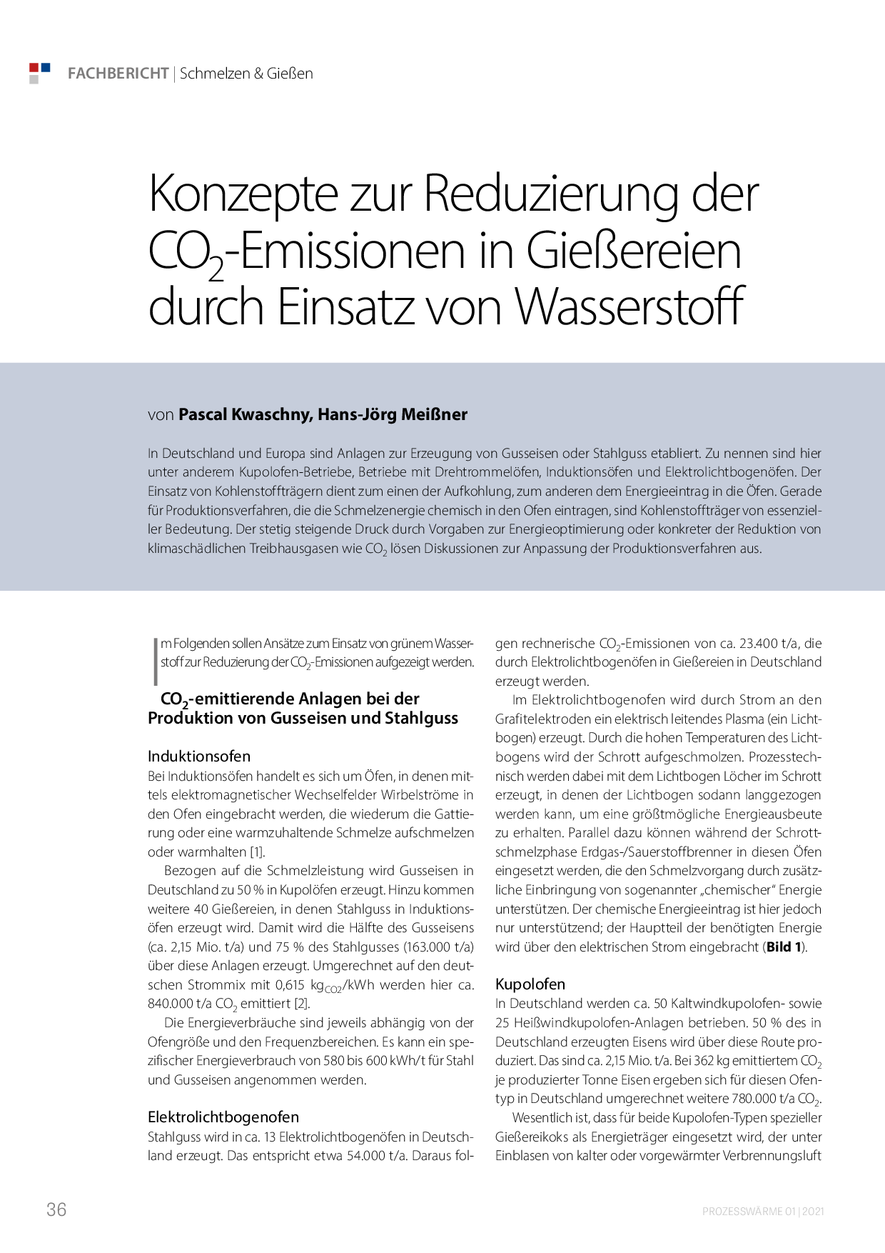 Konzepte zur Reduzierung der CO2-Emissionen in Gießereien durch Einsatz von Wasserstoff
