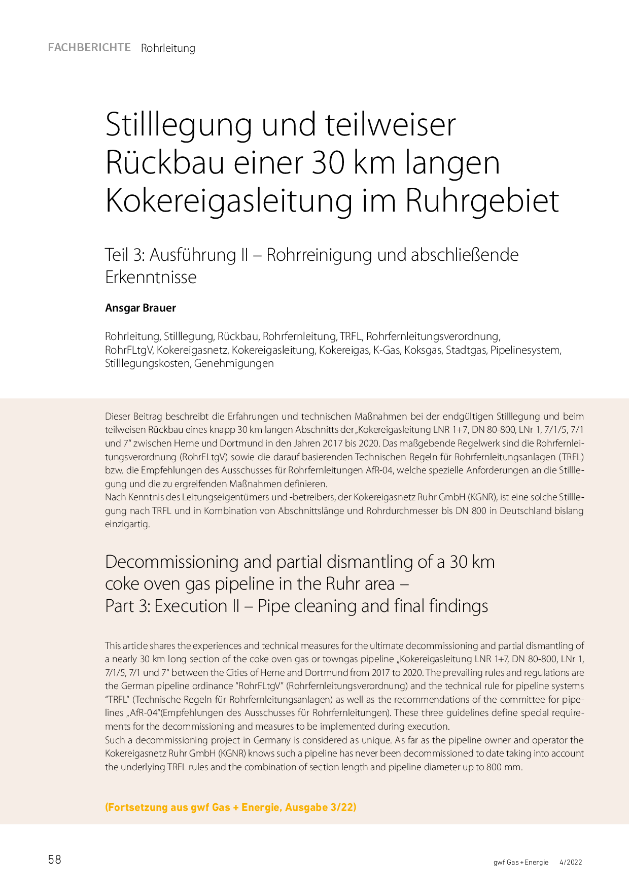 Stilllegung und teilweiser Rückbau einer 30 km langen Kokereigasleitung im Ruhrgebiet