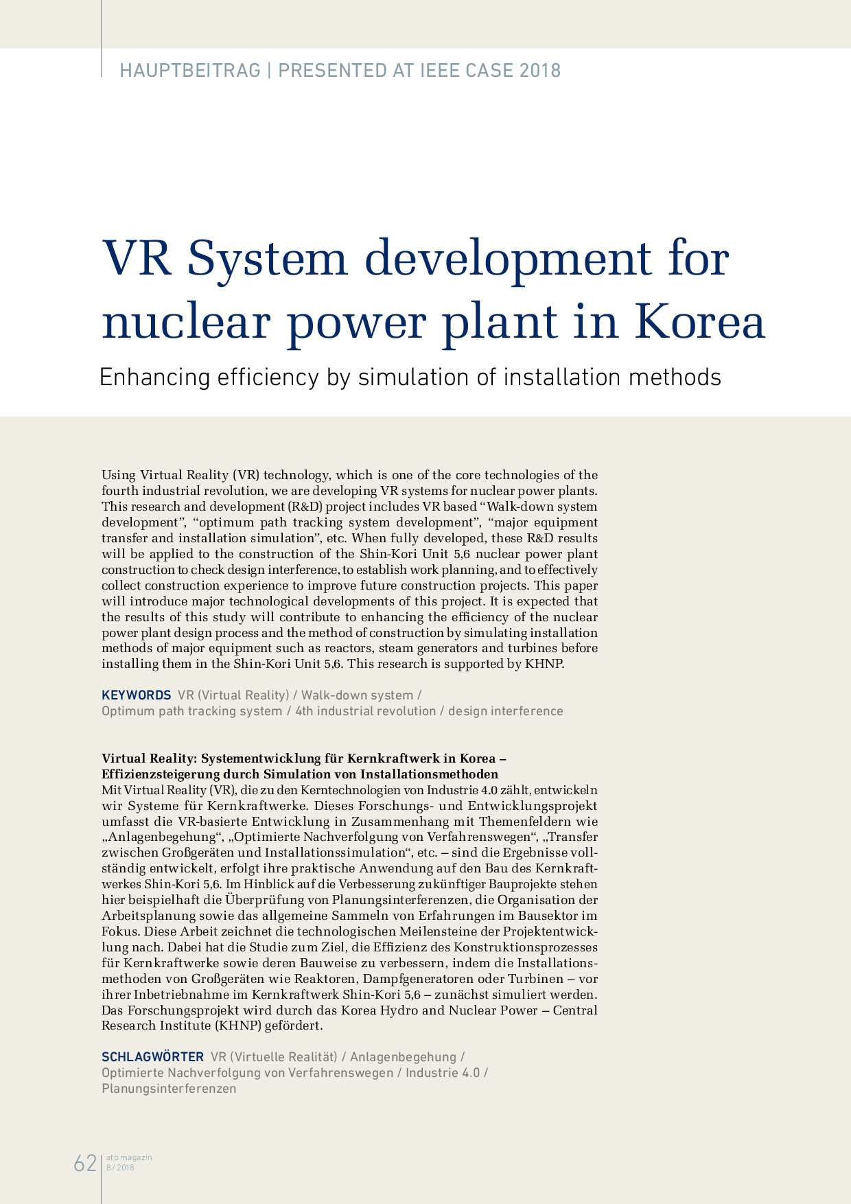 VR System development for nuclear power plant in Korea