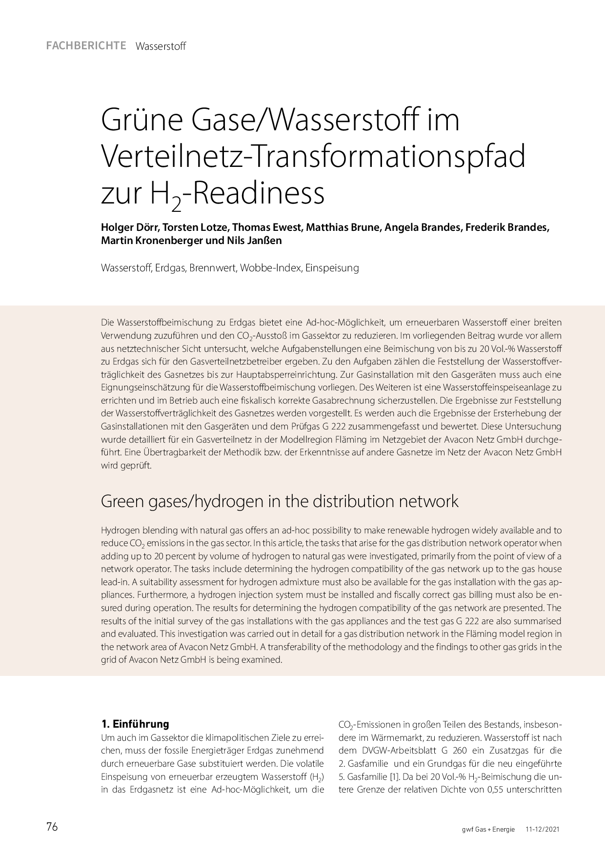 Grüne Gase/Wasserstoff im Verteilnetz-Transformationspfad zur H2-Readiness