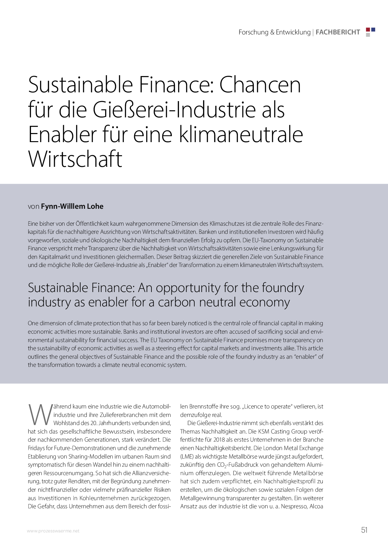 Sustainable Finance: Chancen für die Gießerei-Industrie als Enabler für eine klimaneutrale Wirtschaft