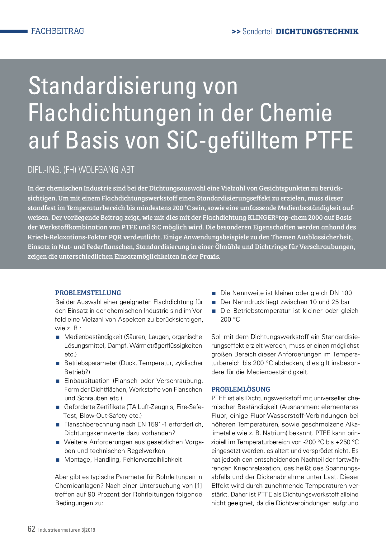 Standardisierung von Flachdichtungen in der Chemie auf Basis von SiC-gefülltem PTFE