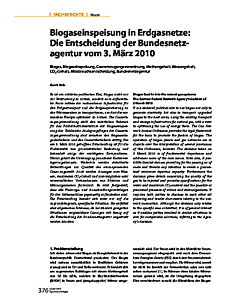 Biogaseinspeisung in Erdgasnetze: Die Entscheidung der Bundesnetzagentur vom 3. März 2010