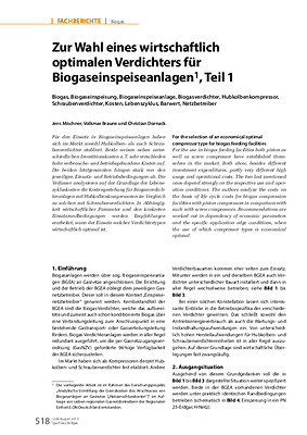 Zur Wahl eines wirtschaftlich optimalen Verdichters für Biogaseinspeiseanlagen1, Teil 1