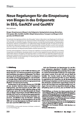 Neue Regelungen für die Einspeisung von Biogas in das Erdgasnetz in EEG, GasNZV und GasNEV