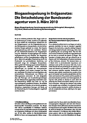 Biogaseinspeisung in Erdgasnetze: Die Entscheidung der Bundesnetzagentur vom 3. März 2010