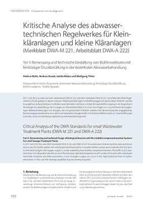 Kritische Analyse des abwassertechnischen Regelwerkes für Kleinkläranlagen und kleine Kläranlagen (Merkblatt DWA-M 221, Arbeitsblatt DWA-A 222)