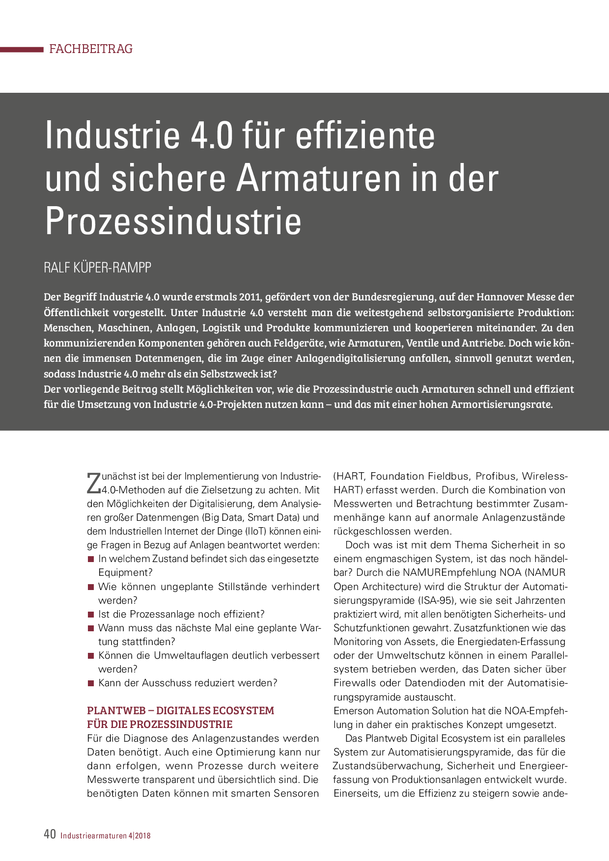 Industrie 4.0 für effiziente und sichere Armaturen in der Prozessindustrie