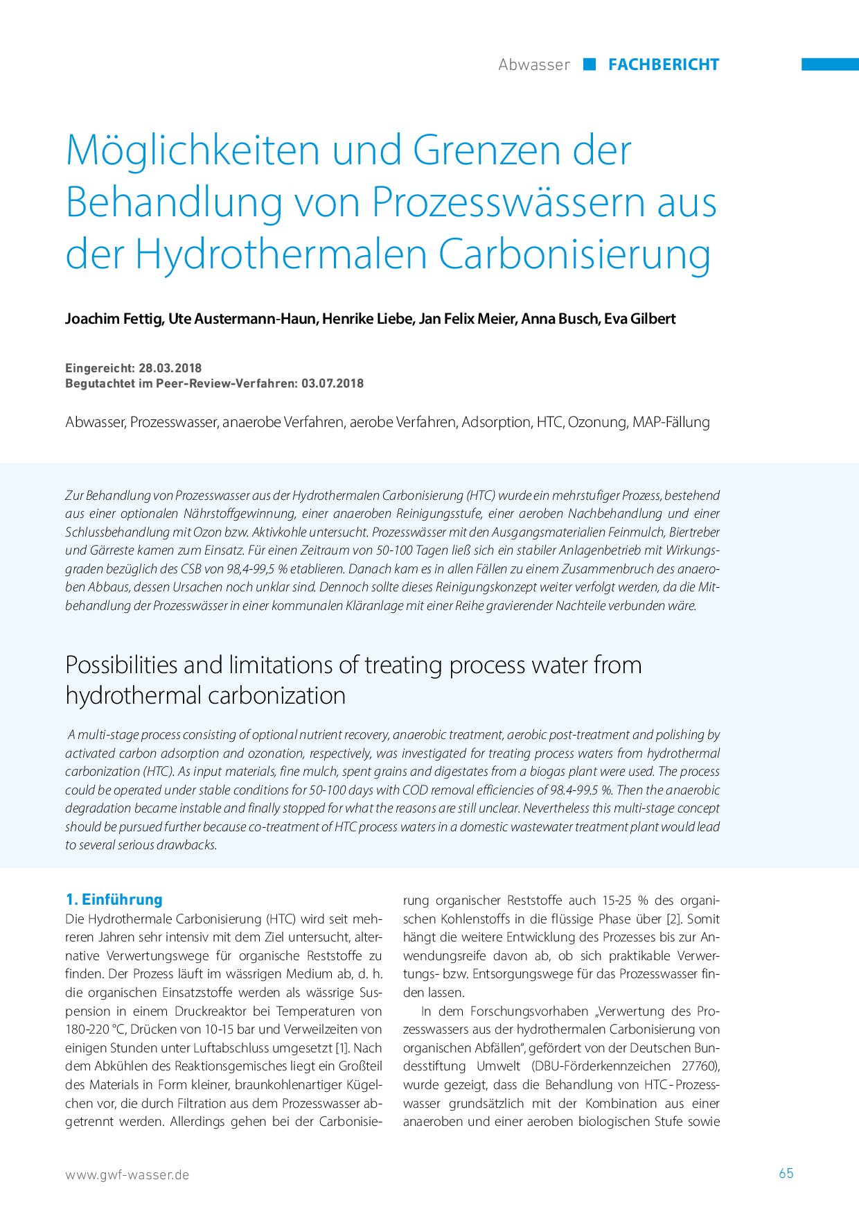 Möglichkeiten und Grenzen der Behandlung von Prozesswässern aus der Hydrothermalen Carbonisierung