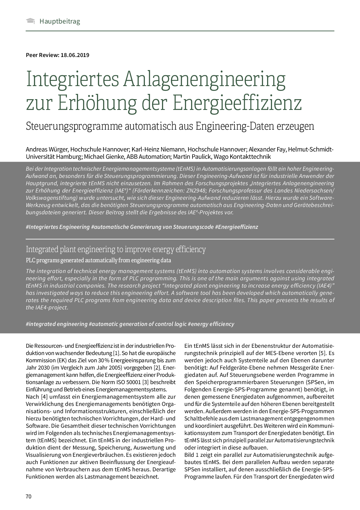 Integriertes Anlagenengineering zur Erhöhung der Energieeffizienz