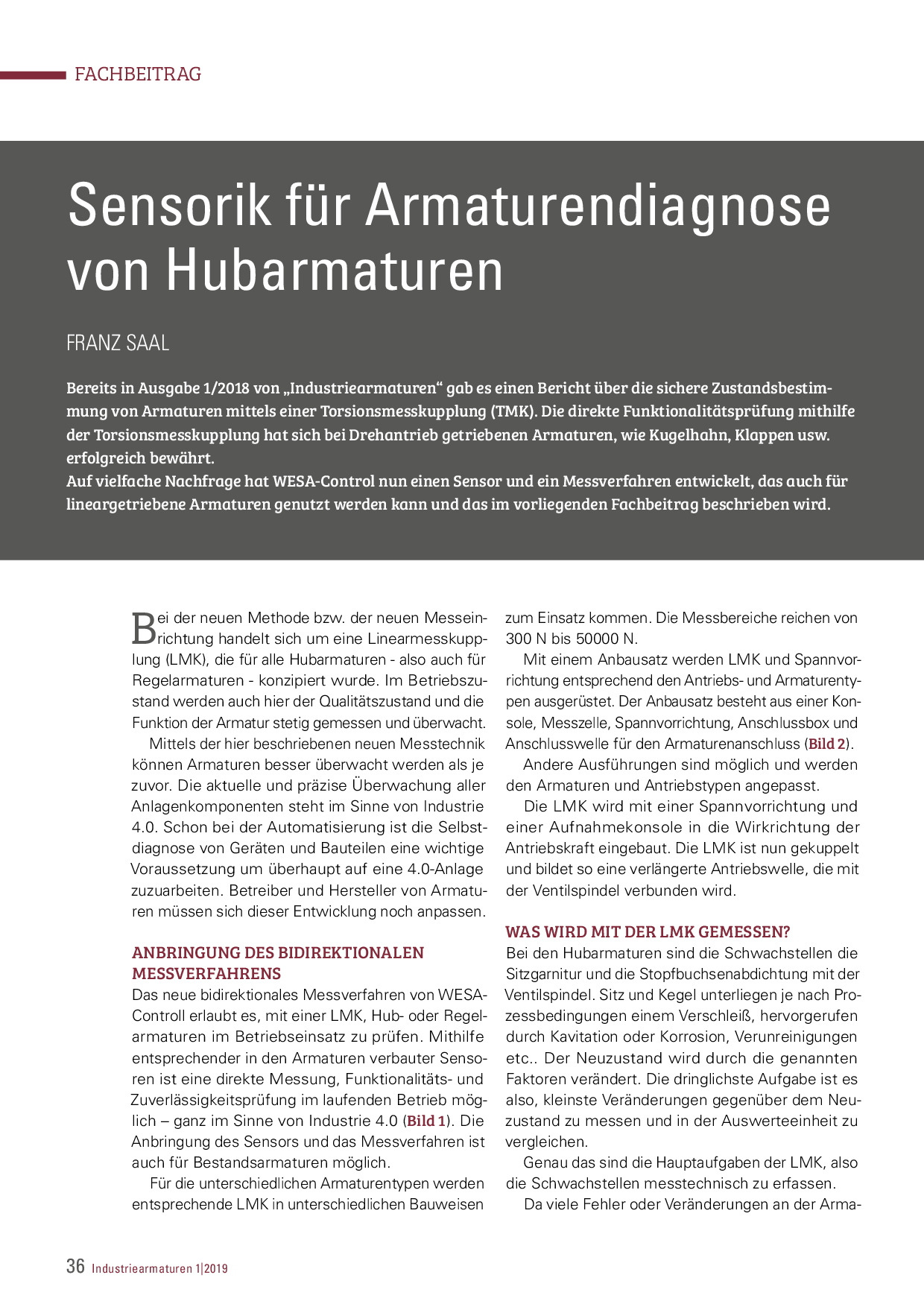 Sensorik für Armaturendiagnose von Hubarmaturen