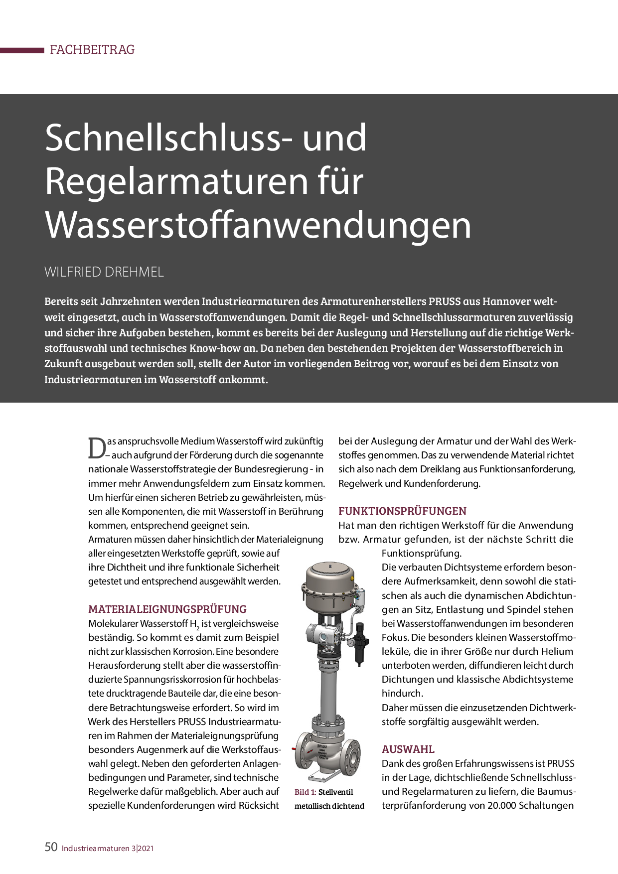 Schnellschluss- und Regelarmaturen für Wasserstoffanwendungen