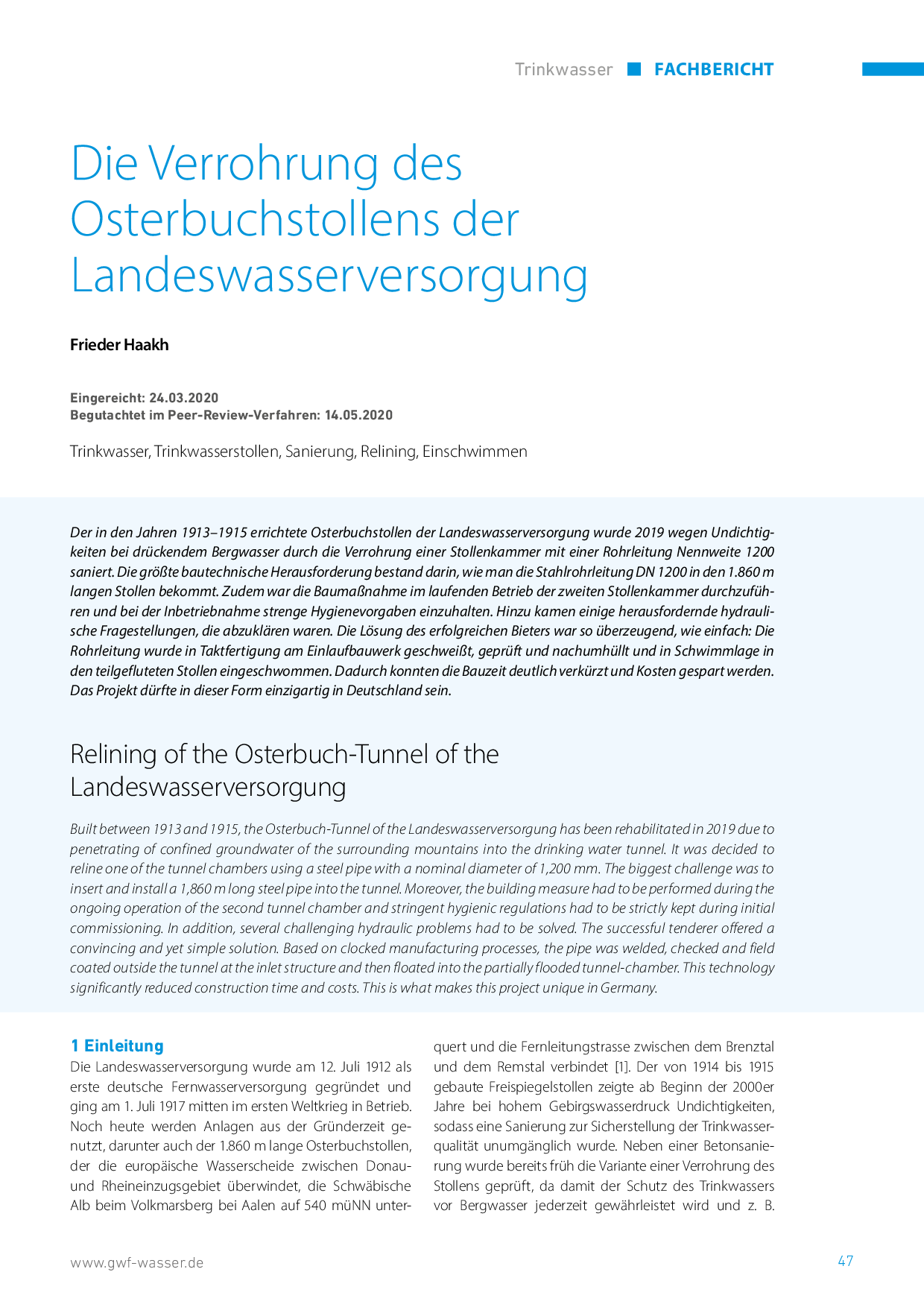 Die Verrohrung des Osterbuchstollens der Landeswasserversorgung