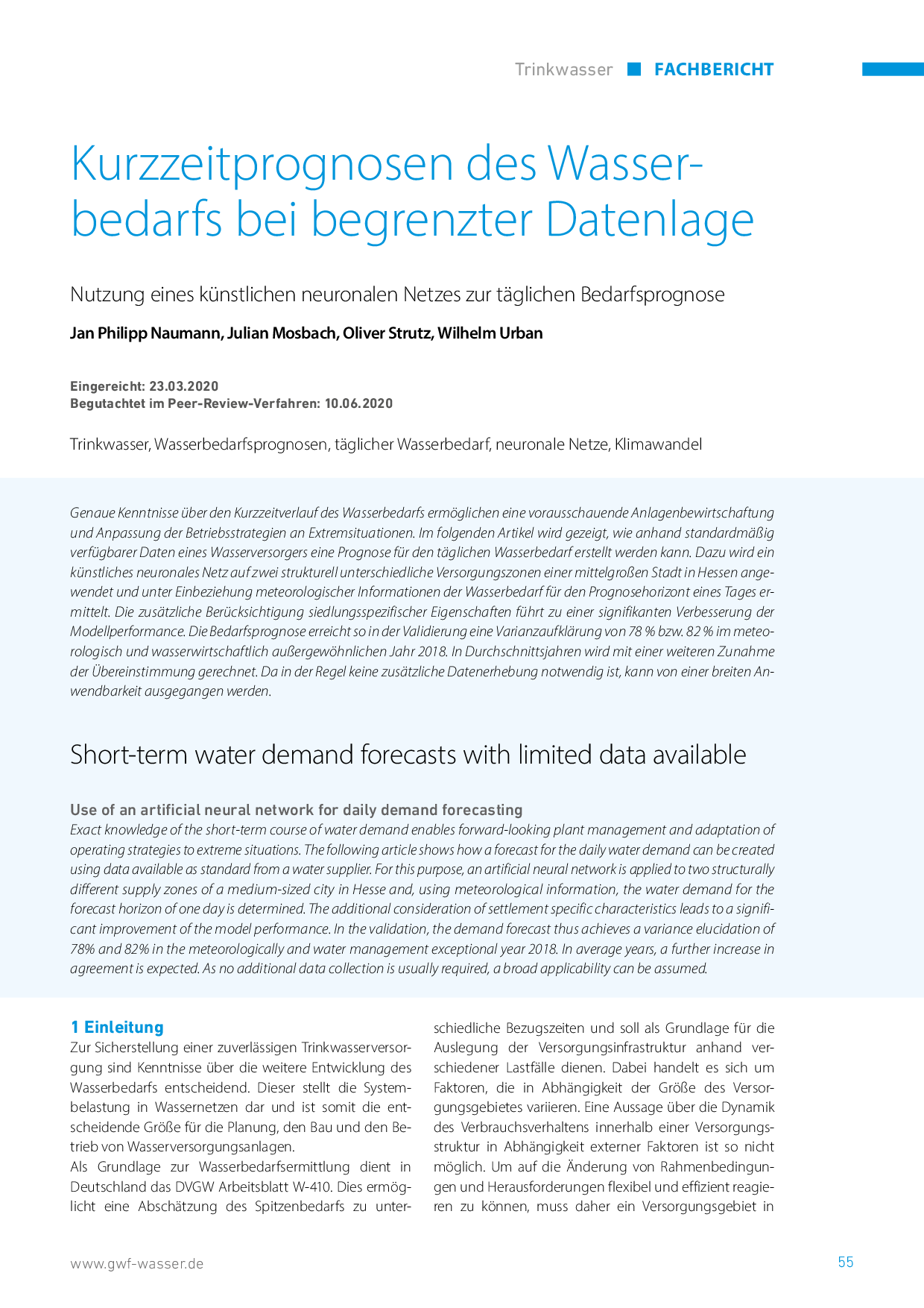 Kurzzeitprognosen des Wasserbedarfs bei begrenzter Datenlage