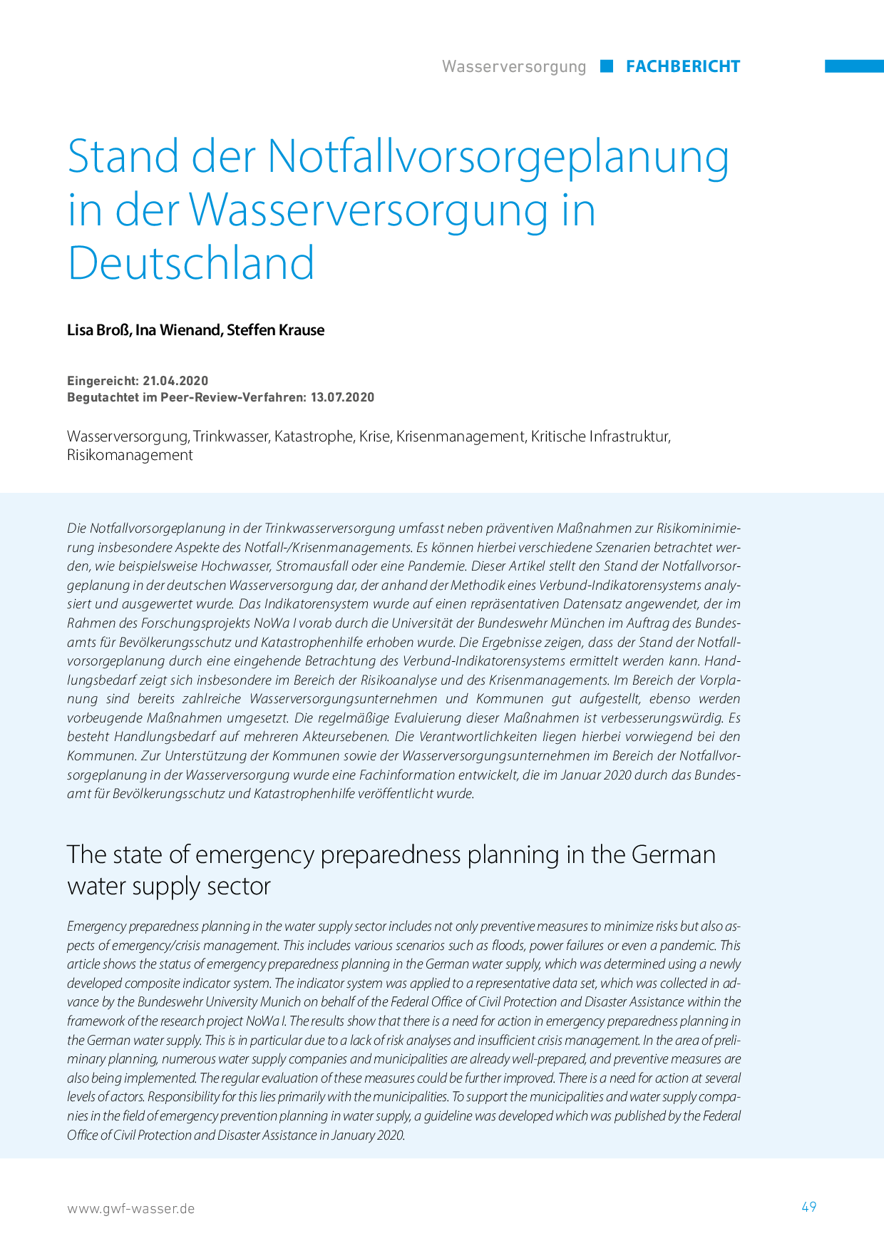 Stand der Notfallvorsorgeplanung in der Wasserversorgung in Deutschland