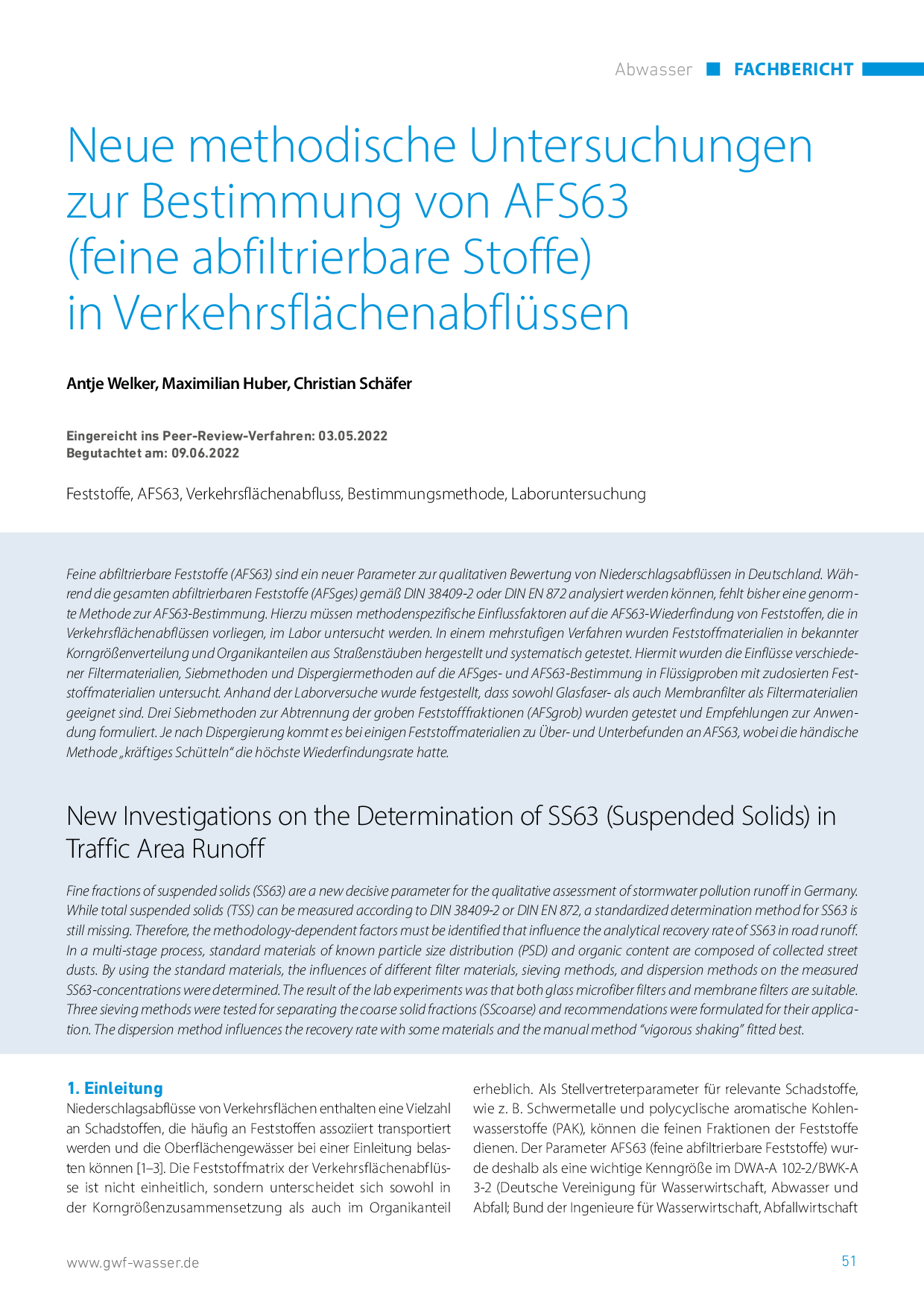 Neue methodische Untersuchungen zur Bestimmung von AFS63 (feine abfiltrierbare Stoffe) in Verkehrsflächenabflüssen