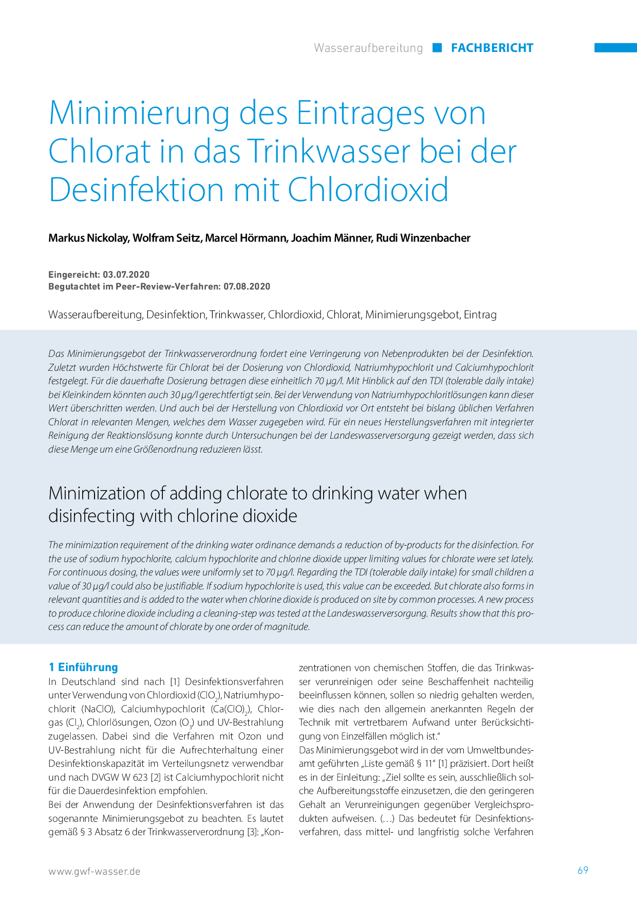 Minimierung des Eintrages von Chlorat in das Trinkwasser bei der Desinfektion mit Chlordioxid