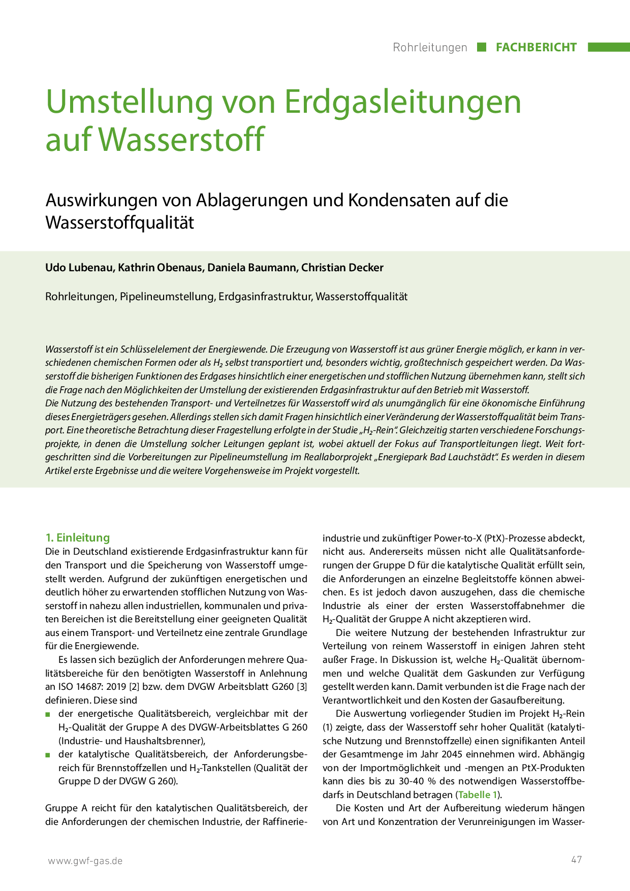 Umstellung von Erdgasleitungen auf Wasserstoff