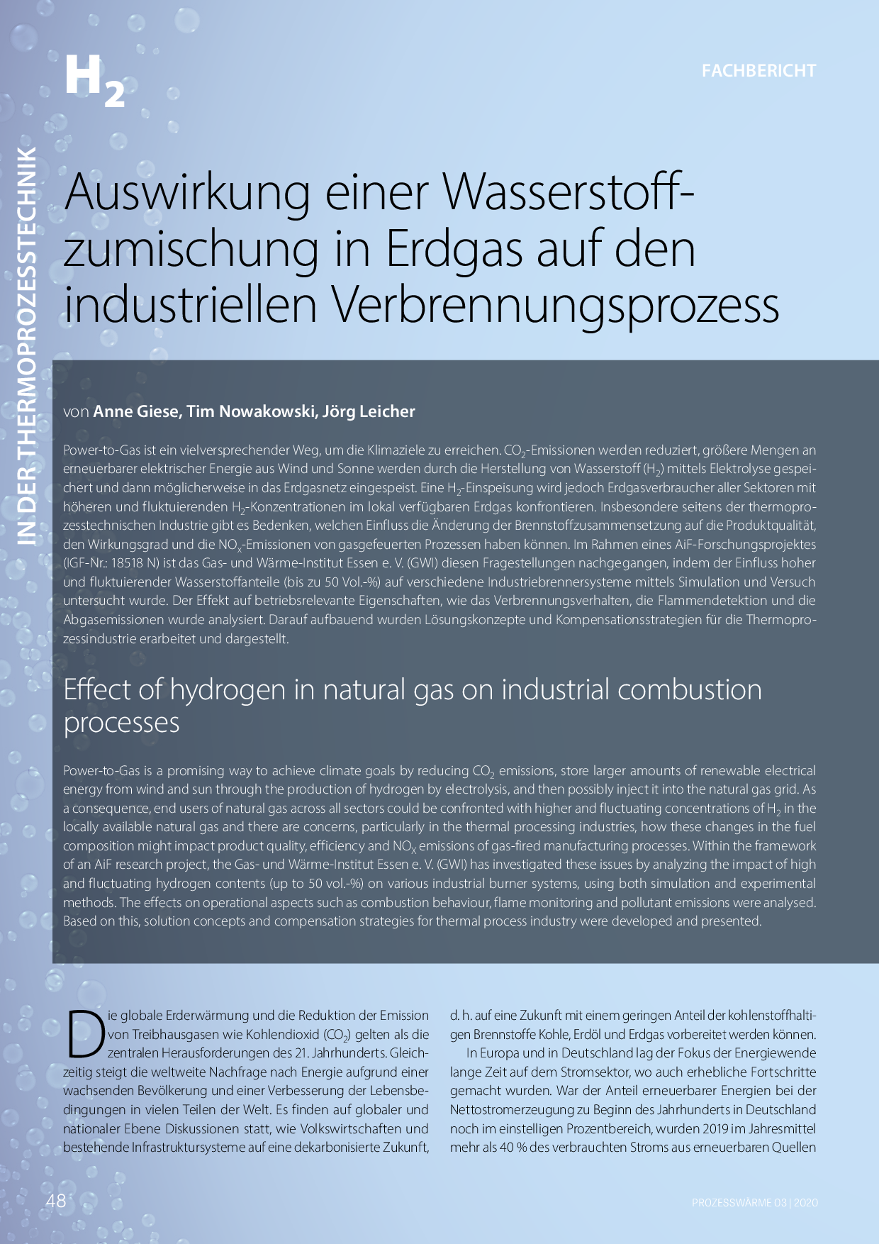 Auswirkung einer Wasserstoffzumischung in Erdgas auf den industriellen Verbrennungsprozess