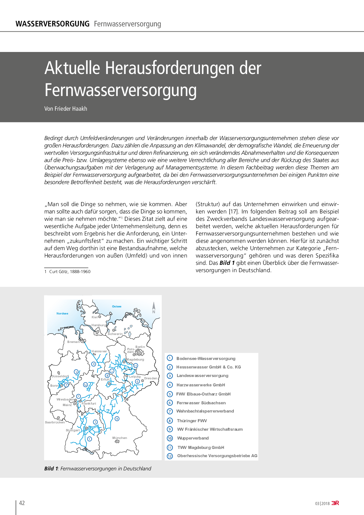 Aktuelle Herausforderungen der Fernwasserversorgung