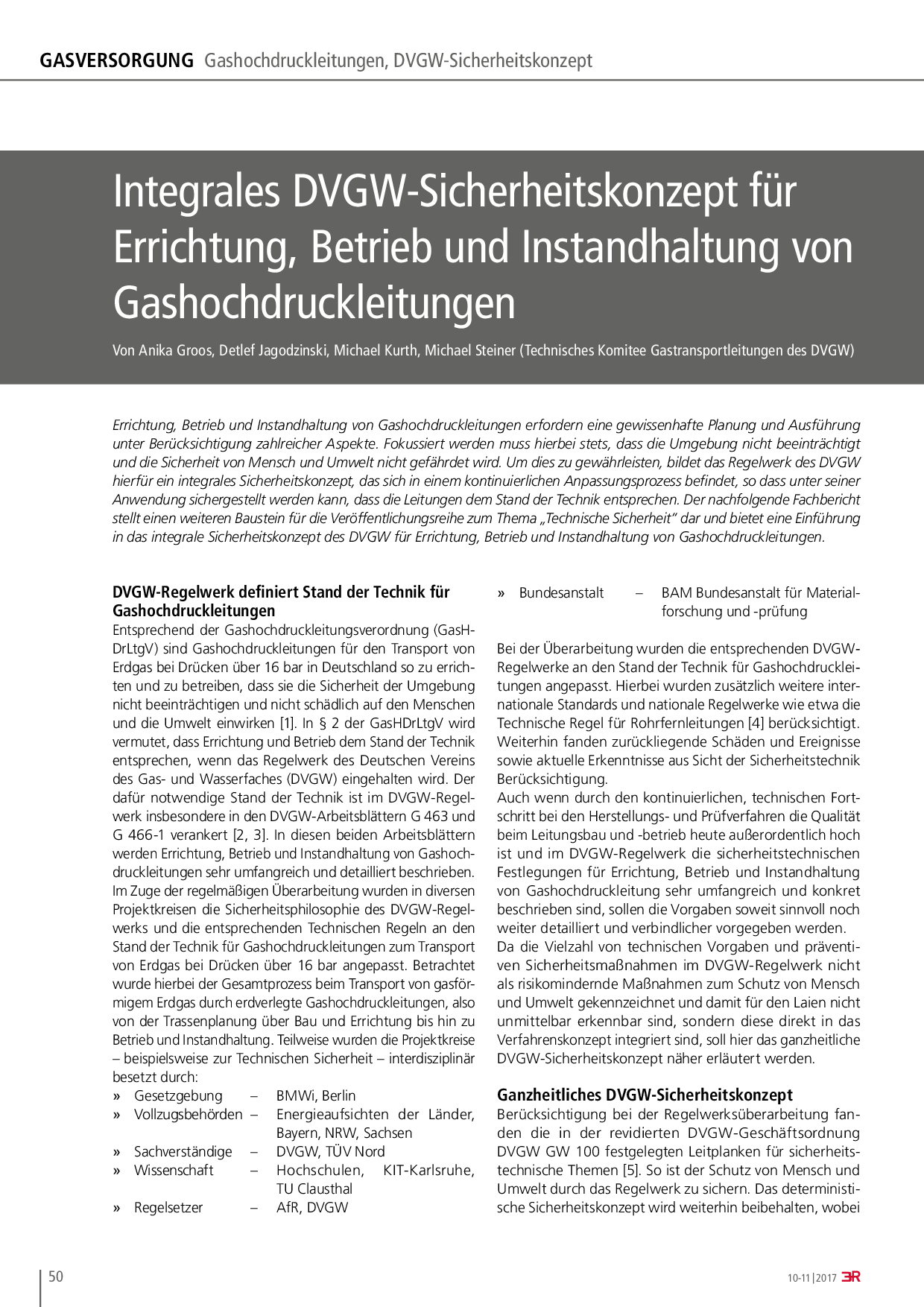 Integrales DVGW-Sicherheitskonzept für Errichtung, Betrieb und Instandhaltung von Gashochdruckleitungen