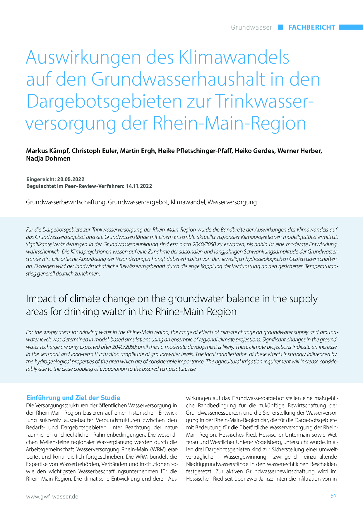 Auswirkungen des Klimawandels auf den Grundwasserhaushalt in den Dargebotsgebieten zur Trinkwasserversorgung der Rhein-Main-Region