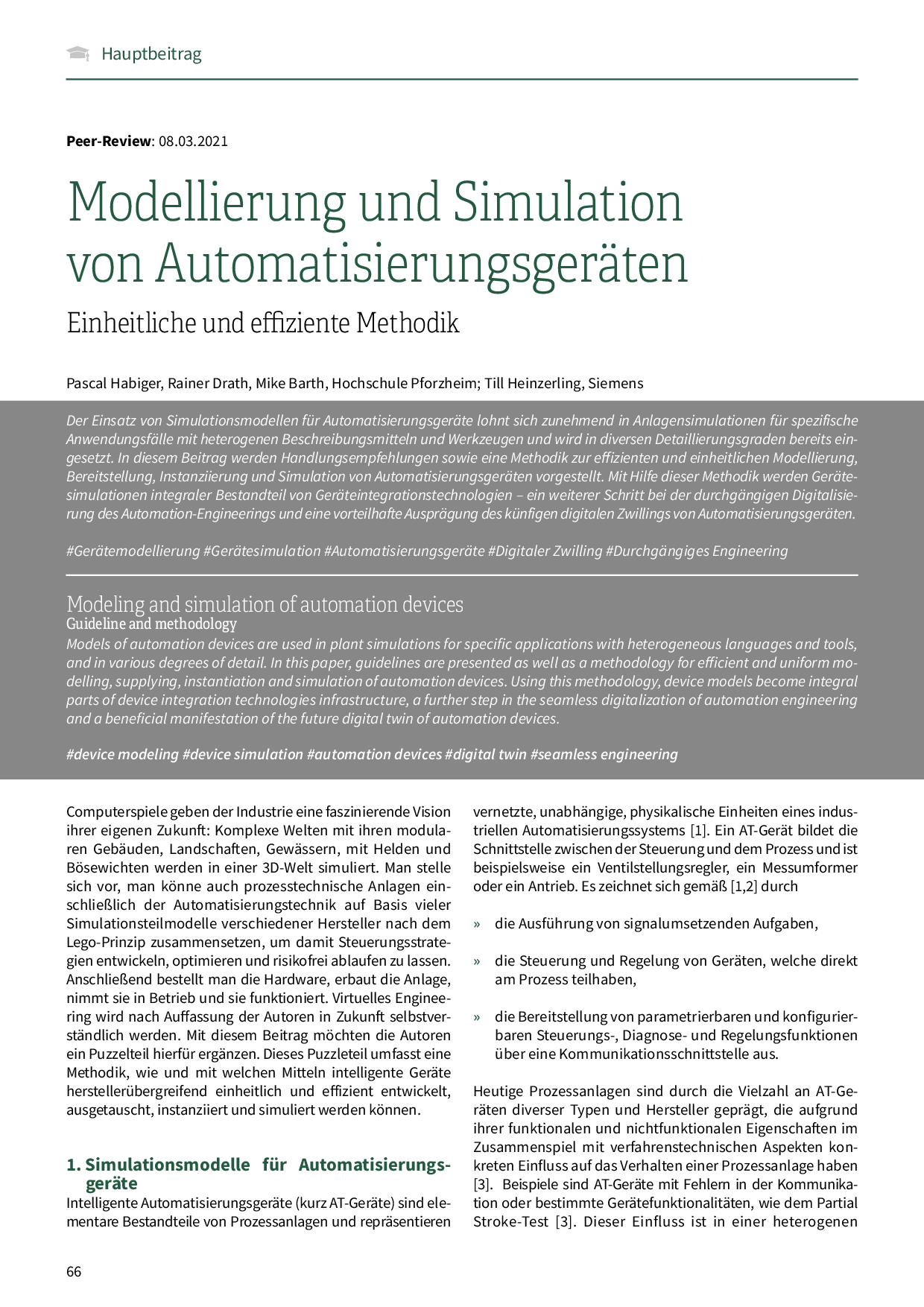 Modellierung und Simulation von Automatisierungsgeräten