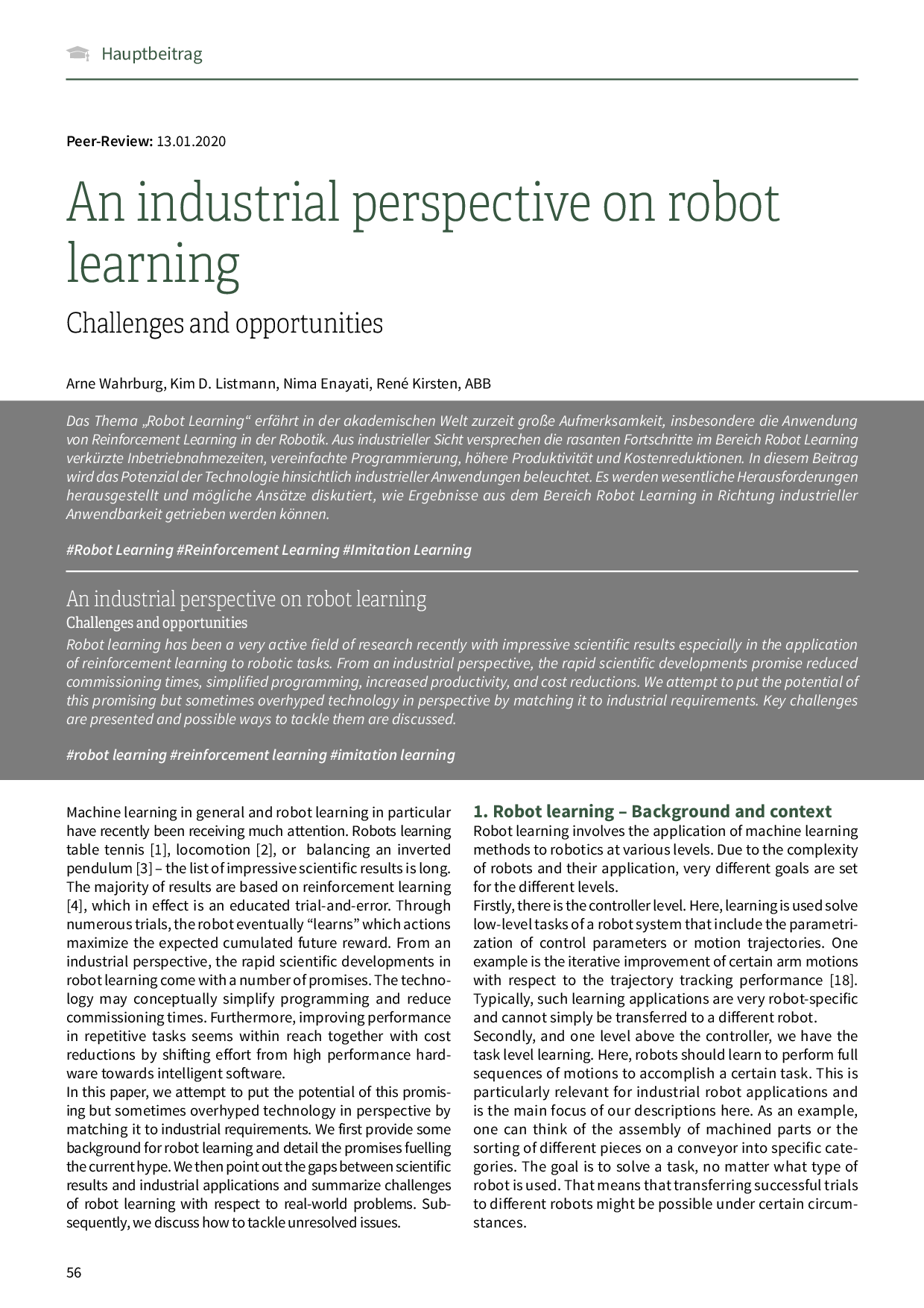 An industrial perspective on robot learning