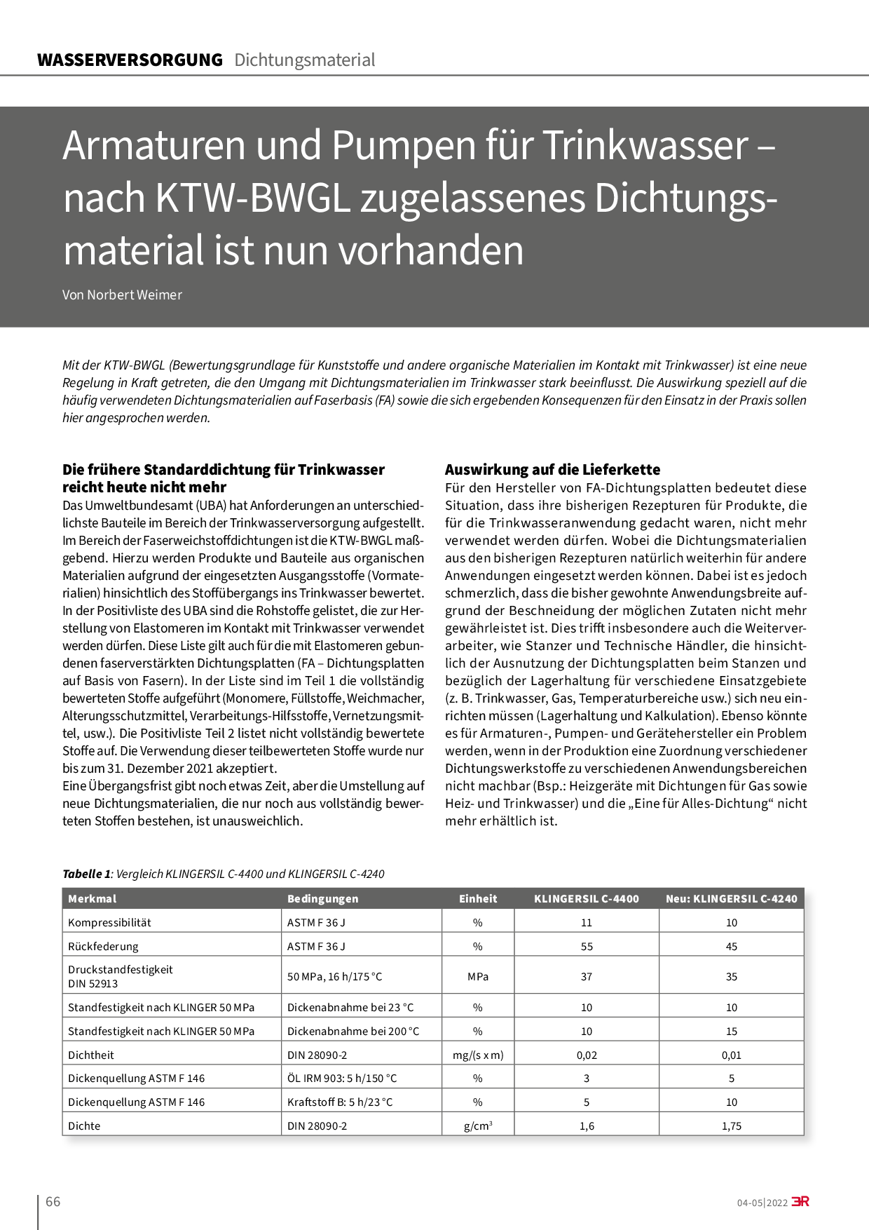 Armaturen und Pumpen für Trinkwasser – nach KTW-BWGL zugelassenes Dichtungsmaterial ist nun vorhanden