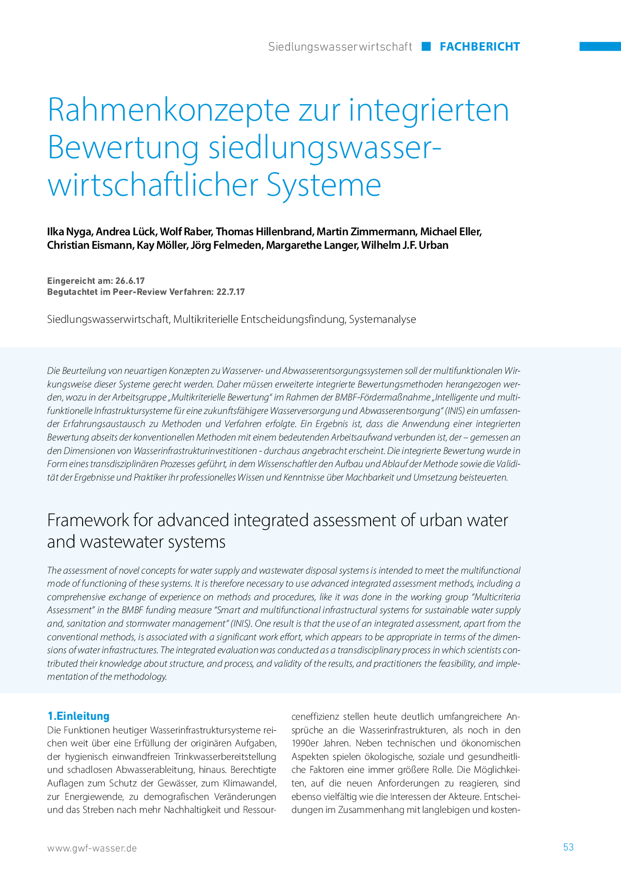 Rahmenkonzepte zur integrierten Bewertung siedlungswasserwirtschaftlicher Systeme
