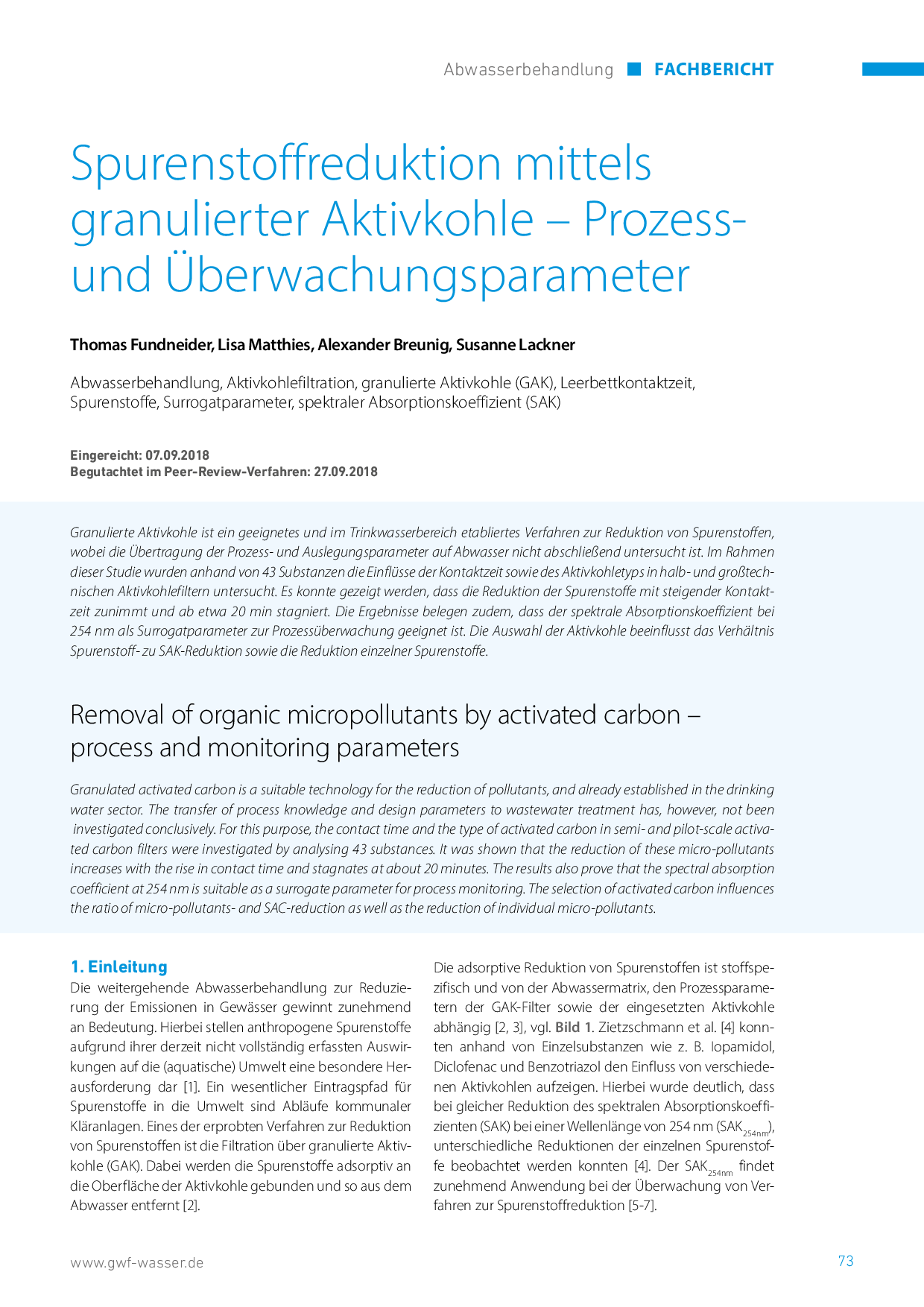 Spurenstoffreduktion mittels granulierter Aktivkohle – Prozess- und Überwachungsparameter