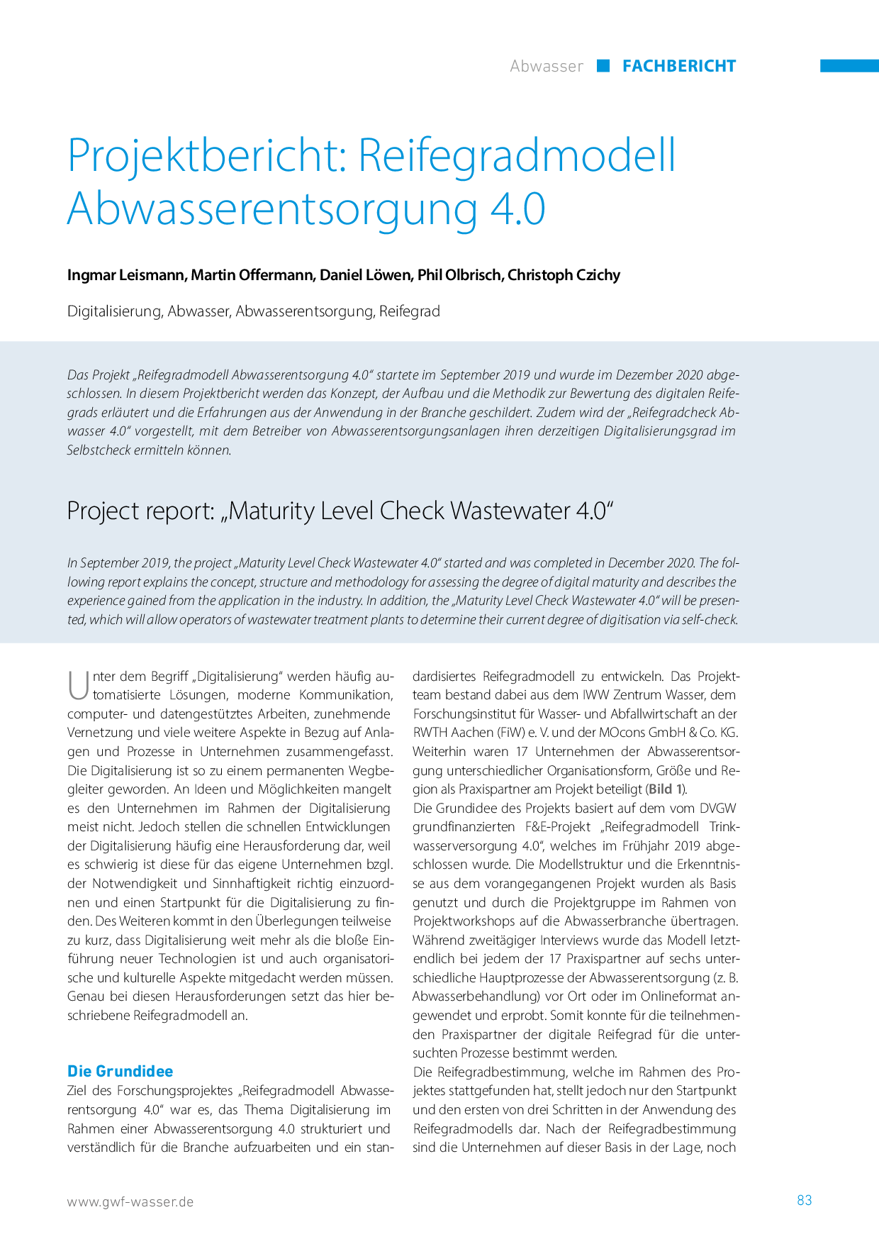 Projektbericht: Reifegradmodell Abwasserentsorgung 4.0