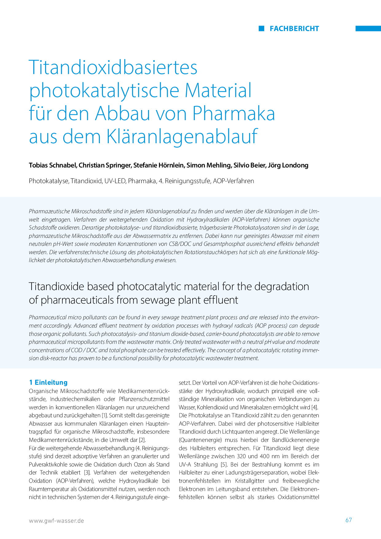 Titandioxidbasiertes photokatalytische Material für den Abbau von Pharmaka aus dem Kläranlagenablauf